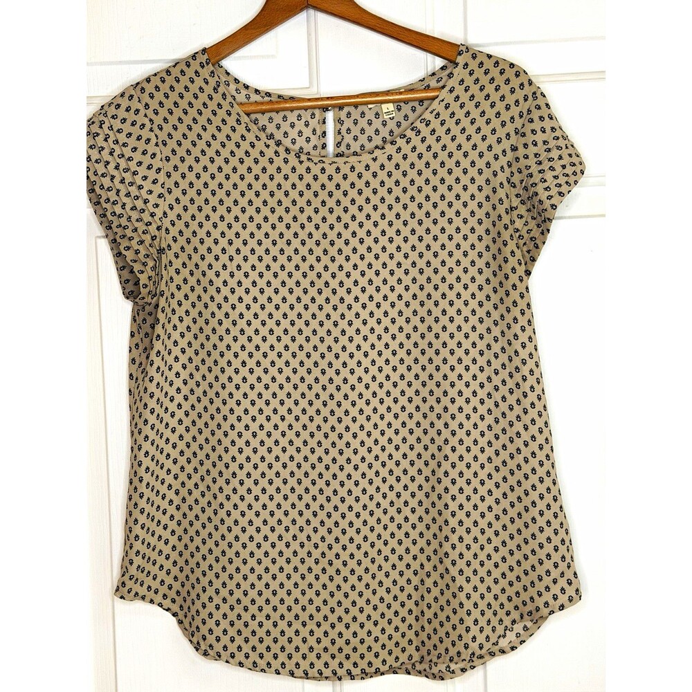 Lily White Women’s Beige Black Floral Pleated Scoop Neck Short Sleeve Blouse L
